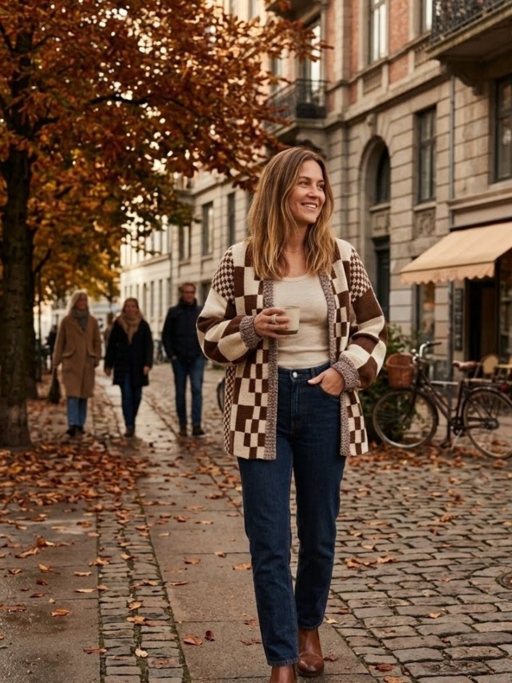 Beautiful brown and cream plaid cardigan, creating a fresh look.szL